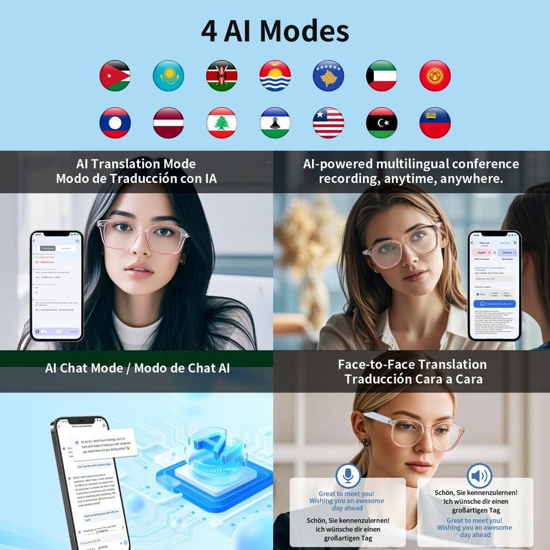Tulbeys Smart Glasses for Women, AI Translation Bluetooth Glasses, Real-Time Translator, Open Ear Blue Light Filtering Lenses, Supports 165+ Languages, language translator for Traveling Learning(Clear) - Image 4